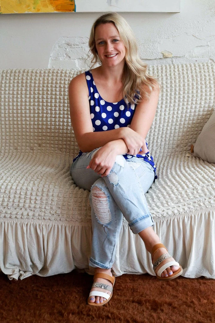 Zenana Apparel My Perfect Day Polka Dot Tank In Royal Blue 2 Zenana Apparel My Perfect Day Polka Dot Tank In Royal Blue