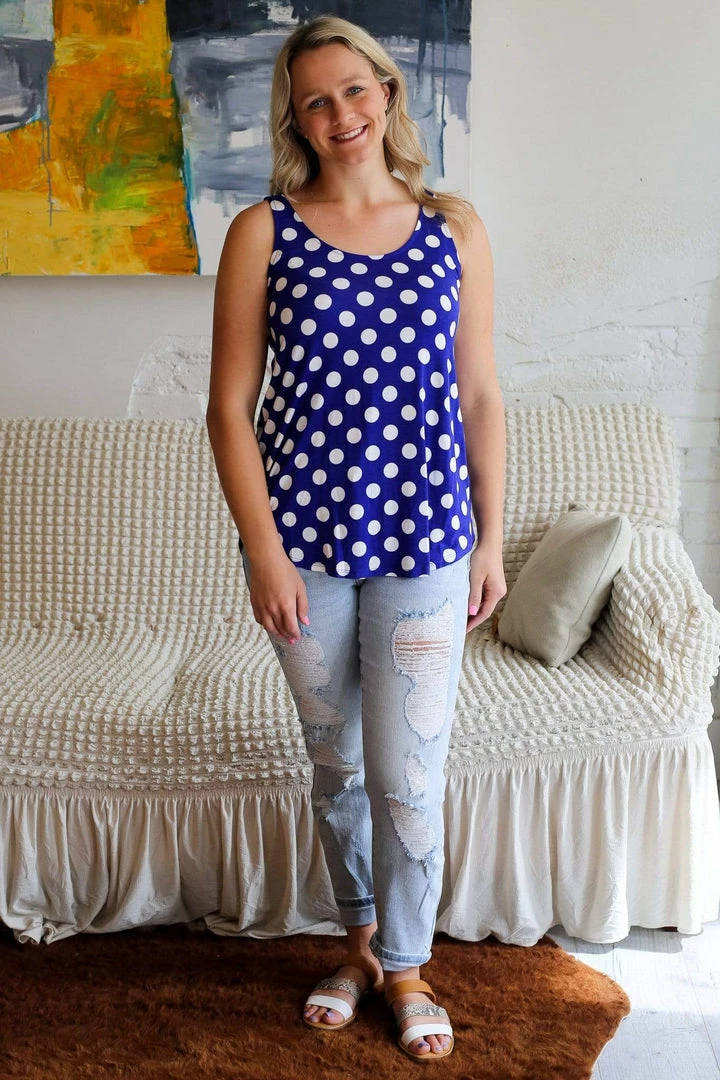 Zenana Apparel My Perfect Day Polka Dot Tank In Royal Blue 1 Zenana Apparel My Perfect Day Polka Dot Tank In Royal Blue