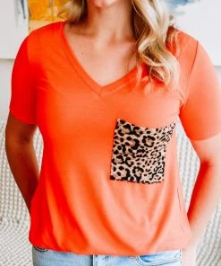 Zenana Easy Breezy Leopard Pocket Tee In Orange Apparel